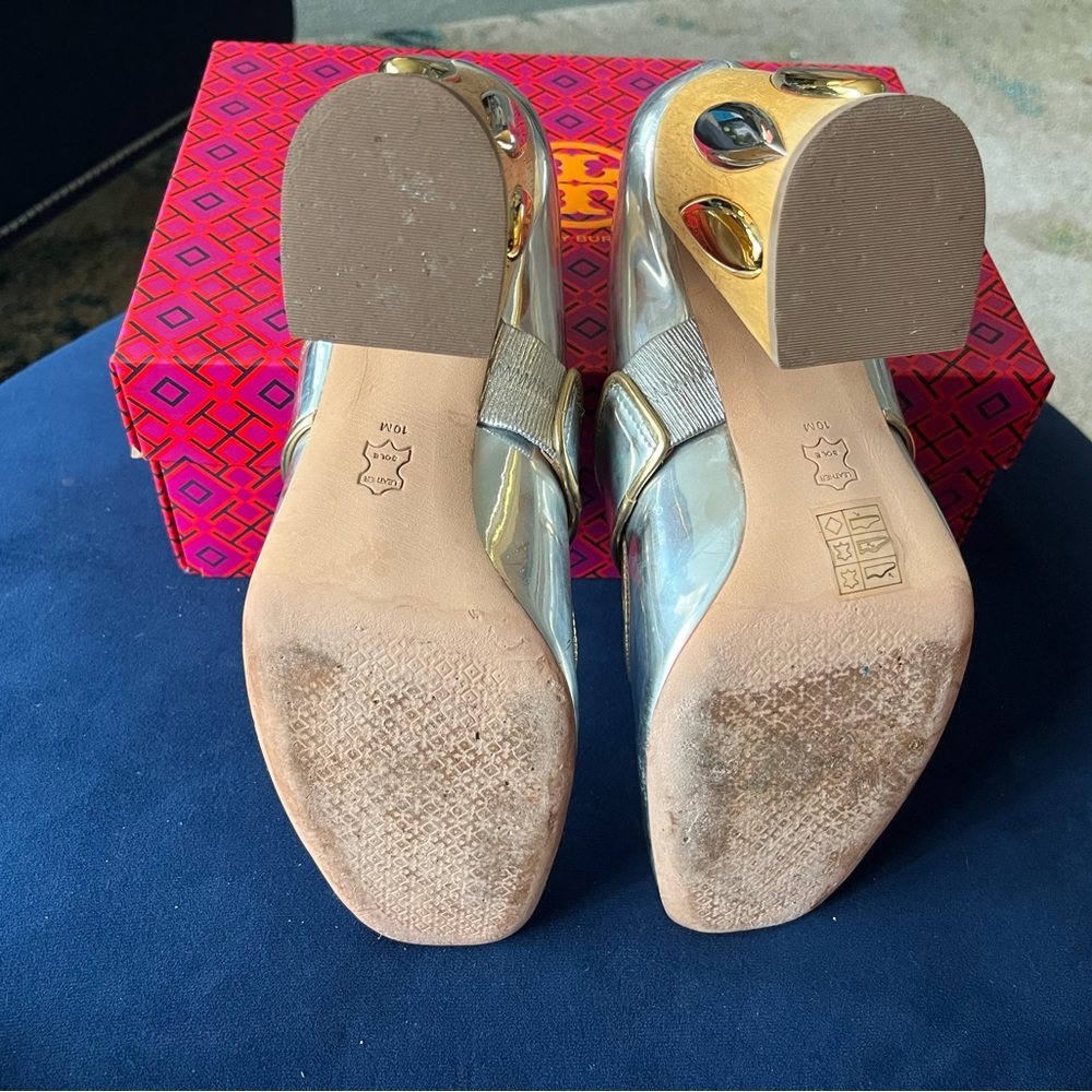 Tory Burch Metallic Silver Heels with Gold Block - Picture 5 of 6